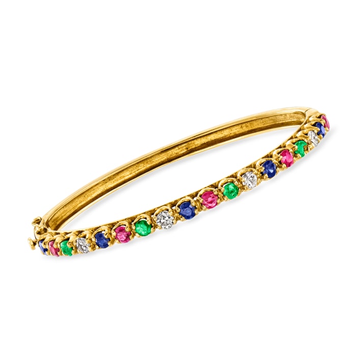 C. 1980 Vintage 2.70 ct. t.w. Multi-Gemstone and .60 ct. t.w. Diamond Bangle Bracelet in 18kt Yellow Gold