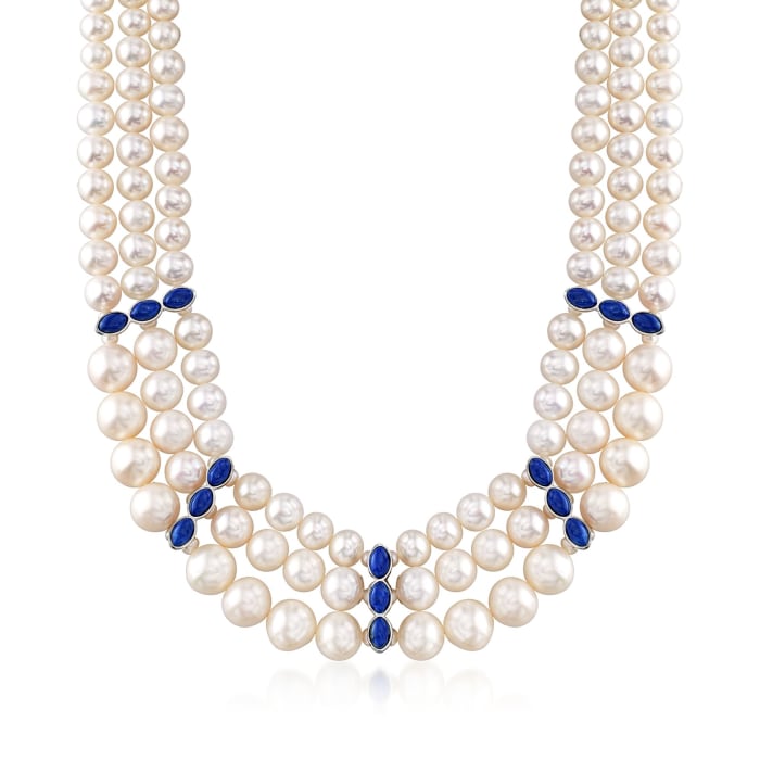 3-10.5mm Cultured Pearl and Lapis Three-Strand Necklace in Sterling Silver