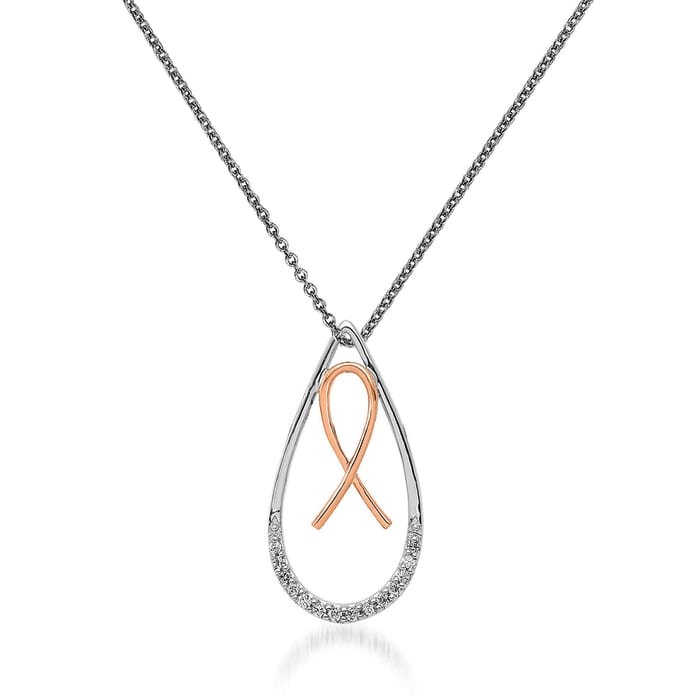 Diamond-Accented Breast Cancer Awareness Ribbon in Teardrop Pendant Necklace in 14kt Two-Tone Gold. 18&quot;