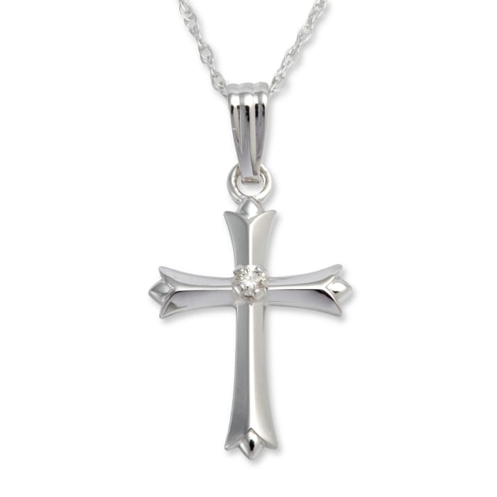 Child's 14kt White Gold Budded Cross Pendant Necklace with Diamond Accent