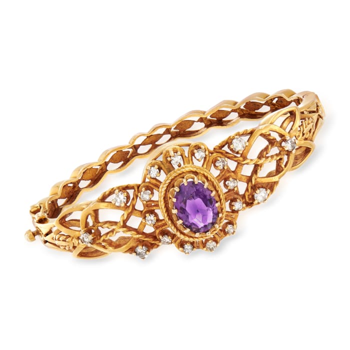 C. 1970 Vintage 2.65 Carat Amethyst and .85 ct. t.w. Diamond Bangle in 14kt Yellow Gold