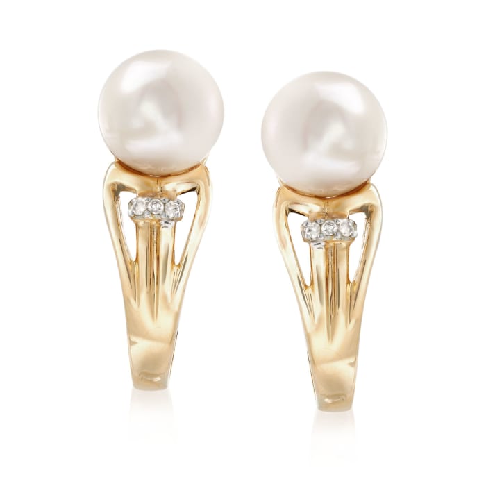 7-7.5mm Cultured Pearl Earrings with Diamond Accents in 14kt Yellow Gold