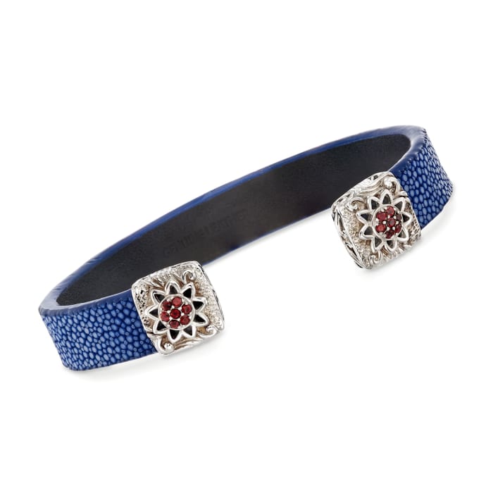 .60 ct. t.w. Garnet and Blue Stingray Leather Cuff Bracelet in Stainless Steel and Sterling Silver