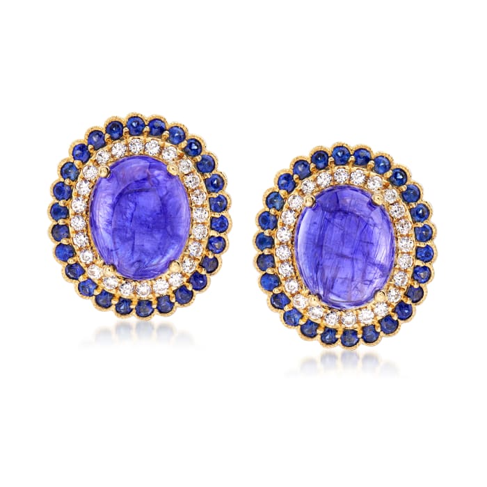 11.00 ct. t.w. Tanzanite, 1.40 ct. t.w. Sapphire and .53 ct. t.w. Diamond Earrings in 18kt Yellow Gold