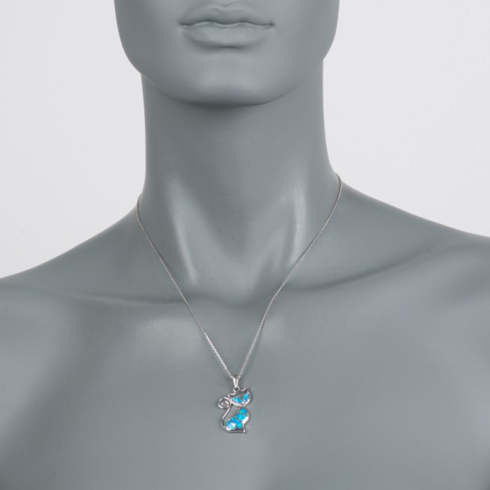 Blue Synthetic Opal Cat Pendant Necklace in Sterling Silver 18-inch