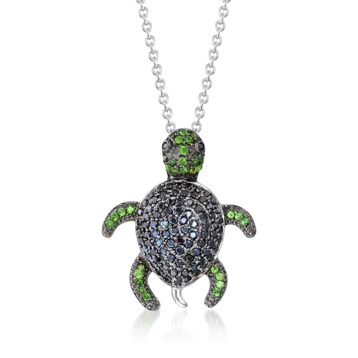 Black Spinel and .30 ct. t.w. Chrome Diopside Turtle Pendant Necklace in Sterling Silver