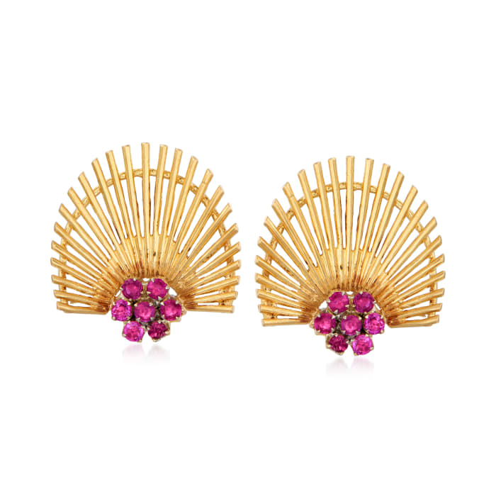 C. 1970 Vintage 1.10 ct. t.w. Ruby Fan Earrings in 18kt Yellow Gold