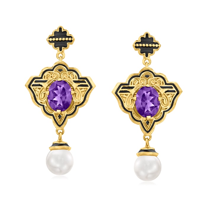 8mm Cultured Pearl and 2.90 ct. t.w. Amethyst Drop Earrings with Black Enamel in 18kt Gold Over Sterling