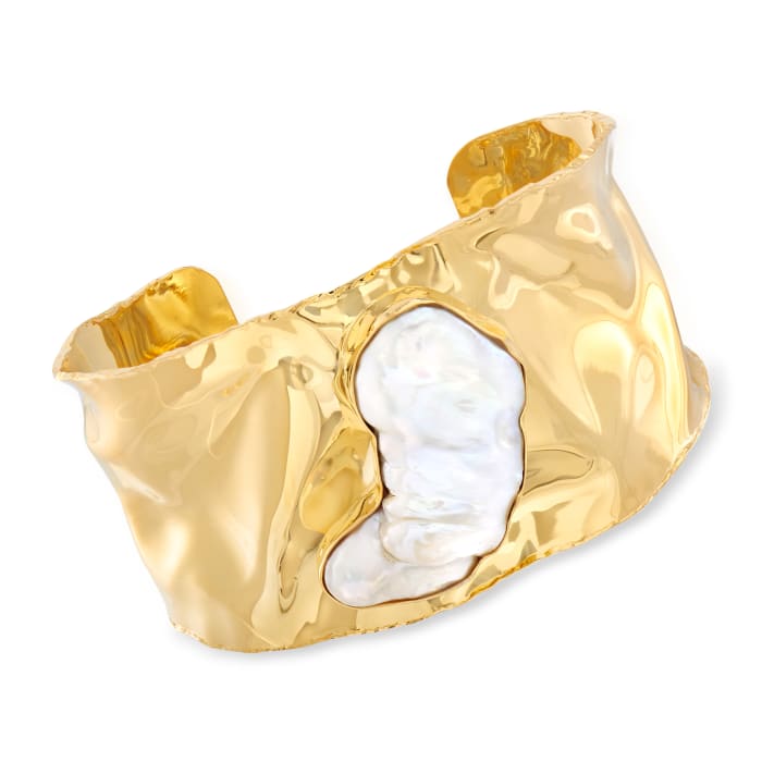 Cultured Baroque Pearl Hammered Cuff Bracelet in 18kt Gold Over Sterling