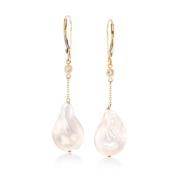11-12mm Cultured Baroque Pearl Drop Earrings with Diamond Accents in 14kt Gold