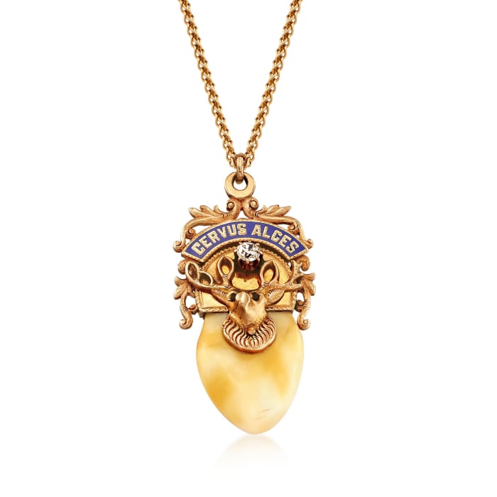 C. 1940 Vintage .25 Carat Diamond and Bone Elks Lodge Pendant Necklace in 14kt Yellow Gold