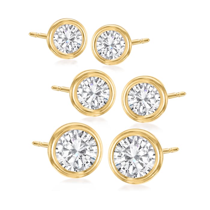1.60 ct. t.w. Bezel-Set CZ: Three Pairs of Stud Earrings in 14kt Yellow Gold