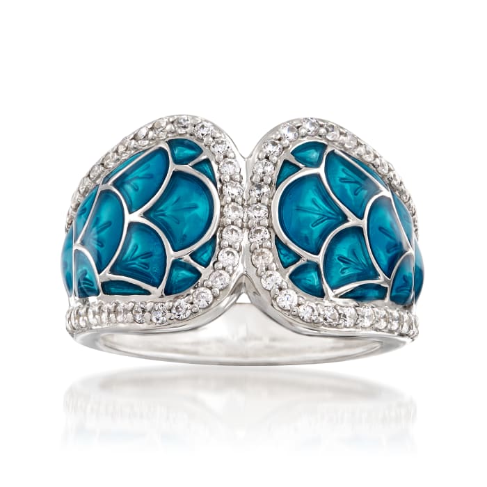 Belle Etoile &quot;Marina&quot; Sea-Blue Enamel and .95 ct. t.w. CZ Ring in Sterling Silver