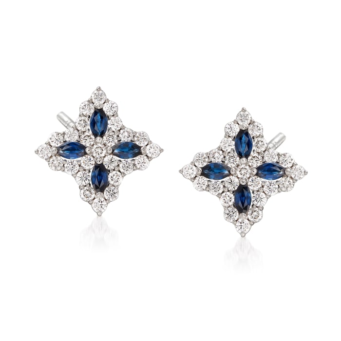 Roberto Coin &quot;Princess Flower&quot; 1.01 ct. t.w. Diamond and .40 ct. t.w. Sapphire Flower Earrings in 18kt White Gold