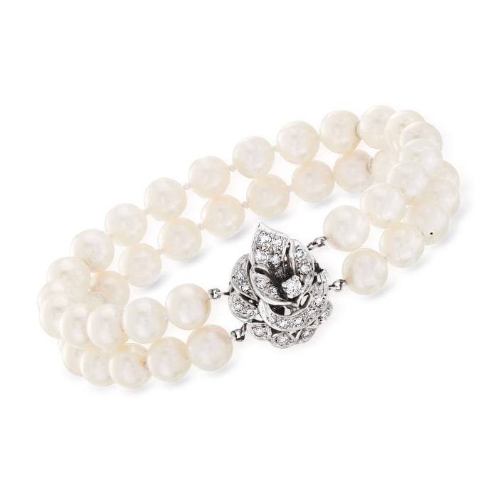 C. 1960 Vintage 7.5mm Cultured Pearl and .65 ct. t.w. Diamond Double-Row Bracelet in 14kt White Gold