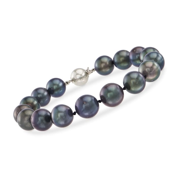 10mm Black Cultured Tahitian Pearl Bracelet with 14kt White Gold