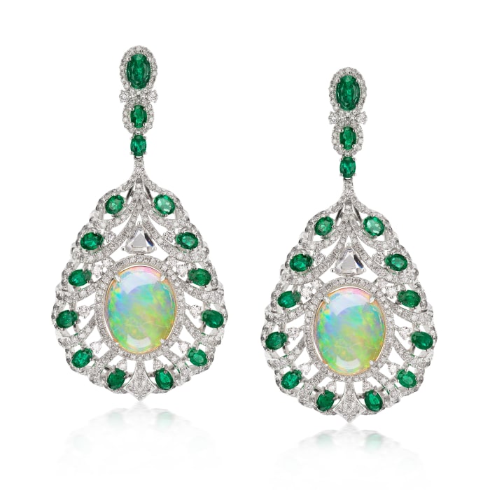 Opal, 5.16 ct. t.w. Diamond and 4.70 ct. t.w. Emerald Drop Earrings in 18kt White Gold