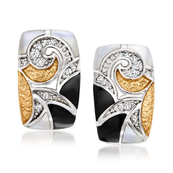 Belle Etoile &quot;Moon River&quot; Mother-of-Pearl and Onyx Earrings with CZ Accents in Two-Tone Sterling Silver