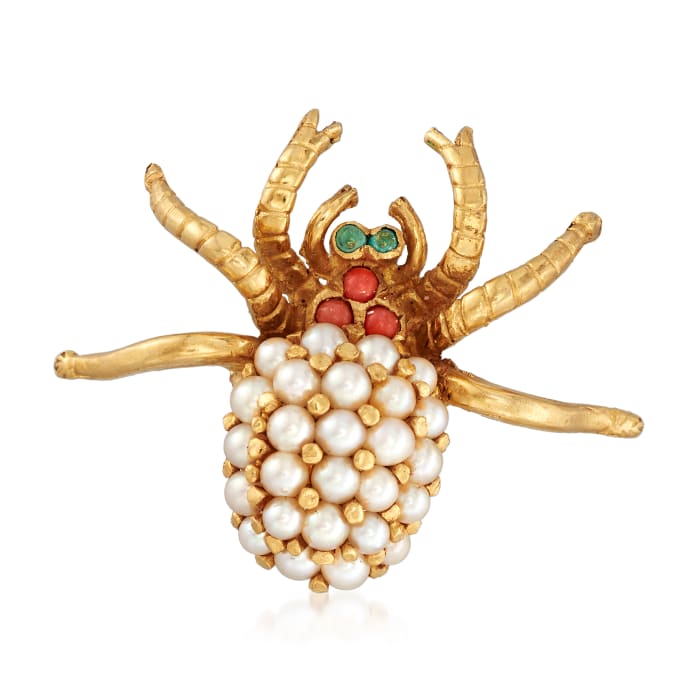 C. 1950 Vintage Cultured Pearl and Multi-Stone Spider Pin in 18kt Yellow Gold
