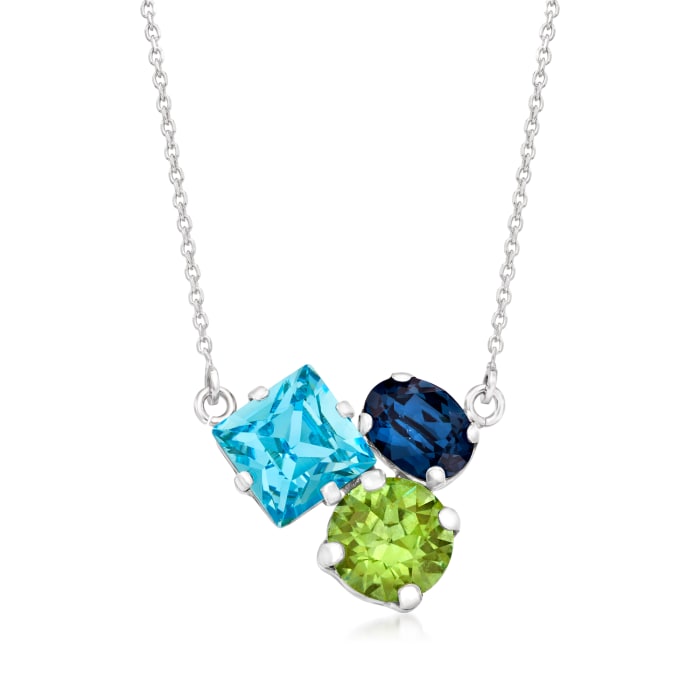 Italian Blue and Green Crystal Cluster Necklace in Sterling Silver