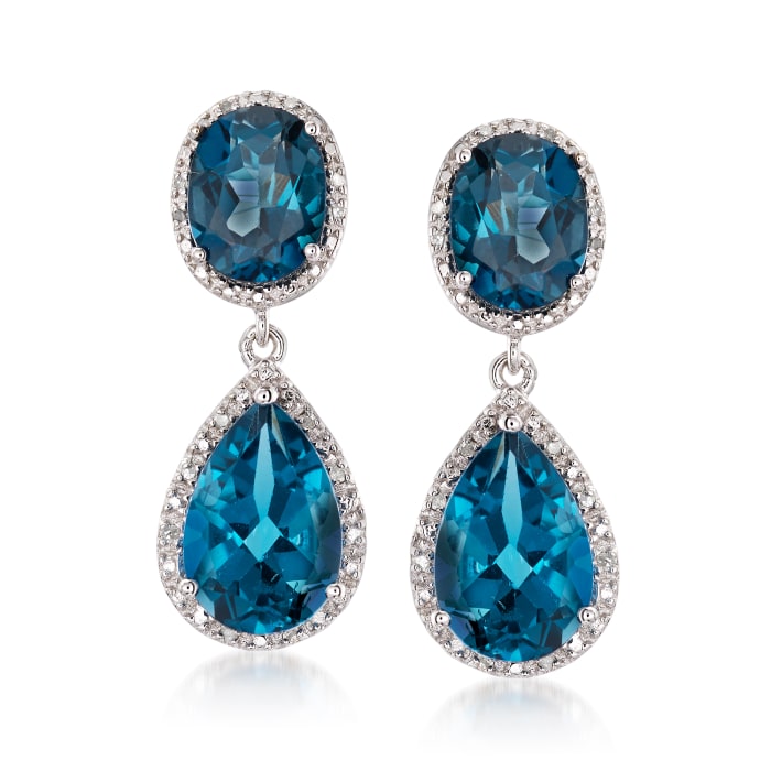 11.00 ct. t.w. London Blue Topaz and .14 ct. t.w. Diamond Drop Earrings in Sterling Silver