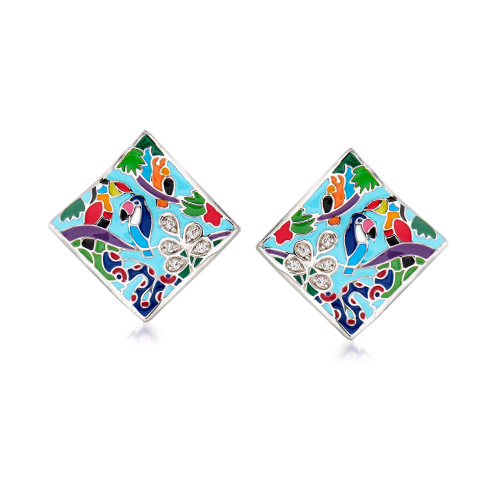 Belle Etoile &quot;Tropical Rainforest&quot; Blue and Multicolored Enamel Earrings with .10 ct. t.w. CZs in Sterling Silver