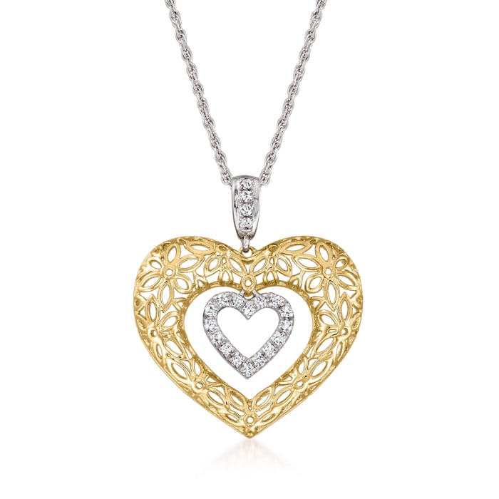 .25 ct. t.w. Diamond Floral Filigree Double-Heart Pendant Necklace in Sterling Silver and 18kt Gold Over Sterling