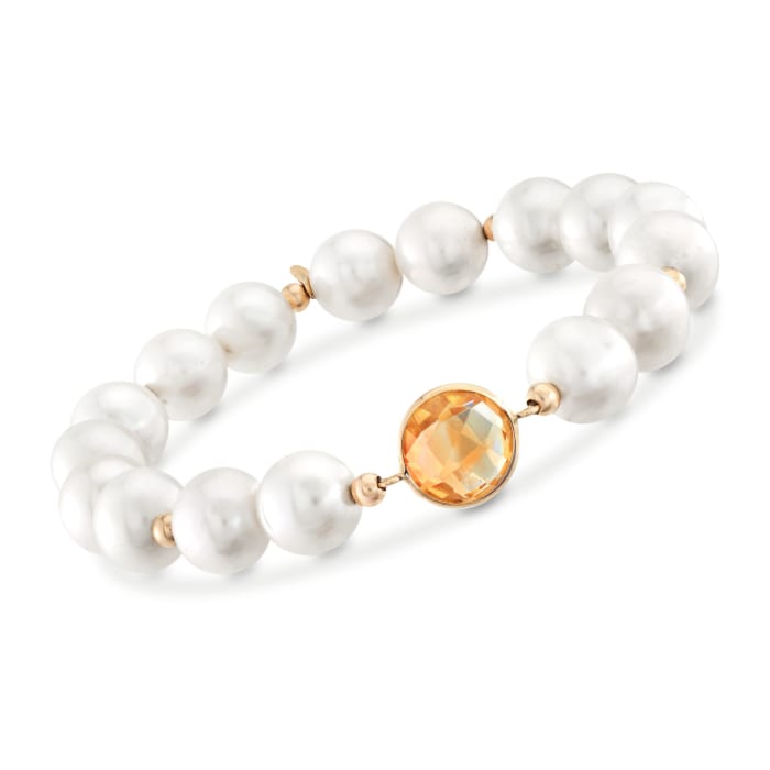9-10mm Cultured Pearl and 3.20 Carat Citrine Bracelet with 14kt Yellow Gold