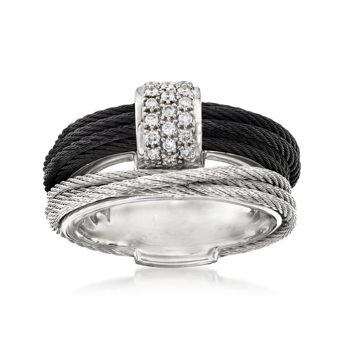 ALOR &quot;Noir&quot; .16 ct. t.w. Diamond Two-Tone Stainless Steel Cable Ring with 18kt White Gold