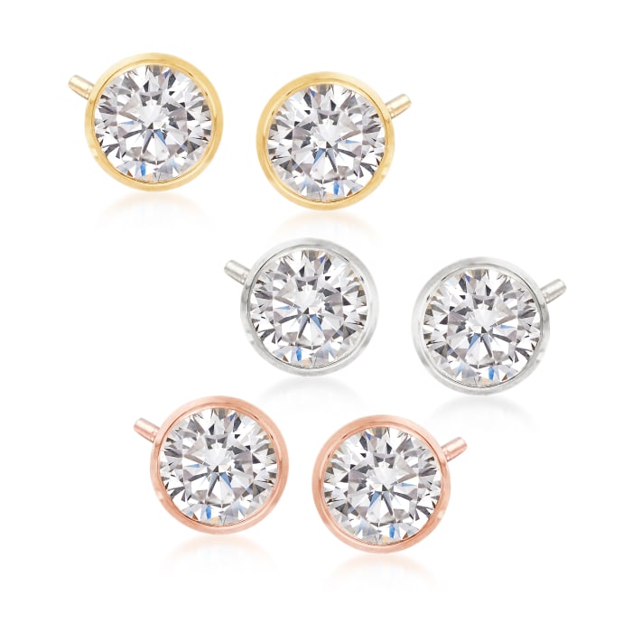 6.00 ct. t.w. CZ Jewelry Set: Three Pairs of Bezel-Set Stud Earrings in Tri-Colored Sterling Silver