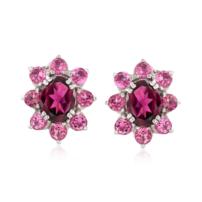 2.50 ct. t.w. Rhodolite Garnet and 1.70 ct. t.w. Pink Tourmaline Halo Earrings in Sterling Silver