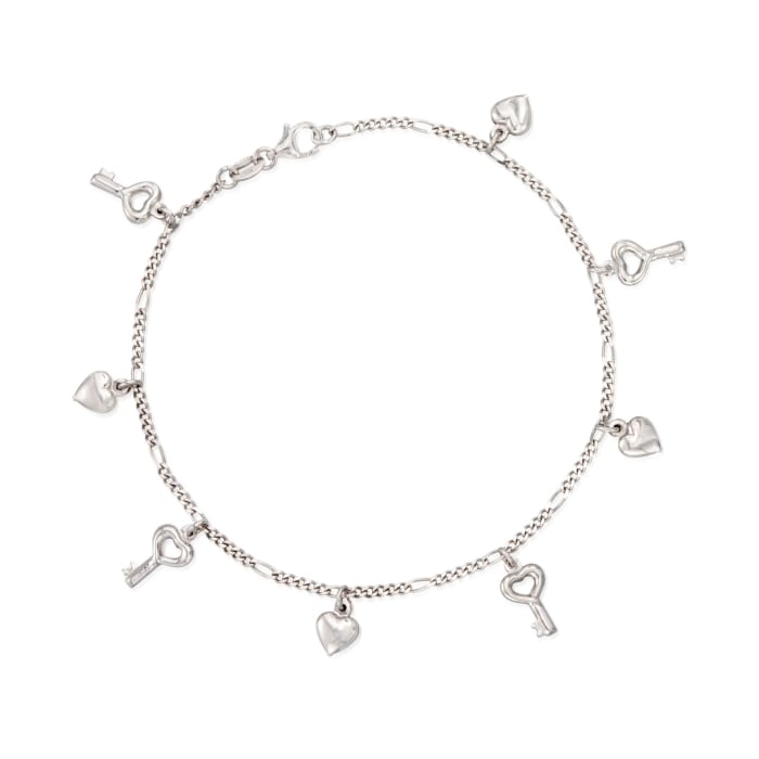 Sterling Silver Heart and Key Charm Anklet