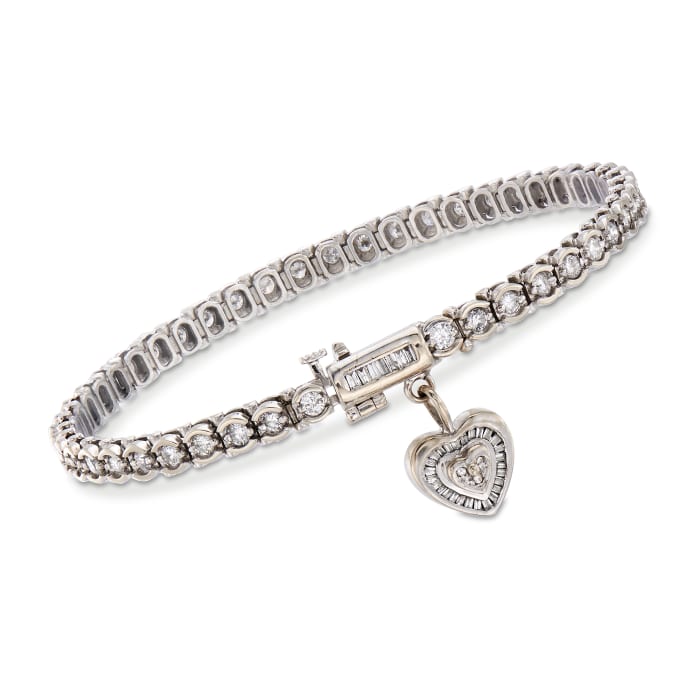 C. 1990 Vintage 3.05 ct. t.w. Diamond Tennis Bracelet with Heart Charm in 14kt White Gold