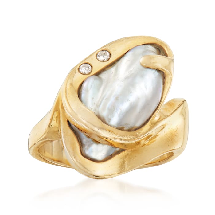 C. 1980 Vintage 17x9mm Cultured Baroque Pearl Ring With Diamond Accents in 14kt Yellow Gold