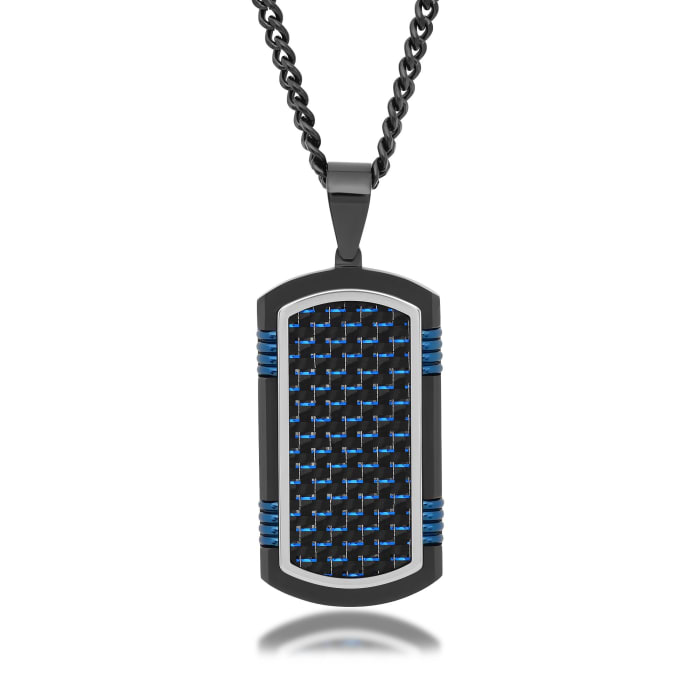 Men's Black and Blue Stainless Steel and Carbon Fiber Dog Tag Pendant Necklace
