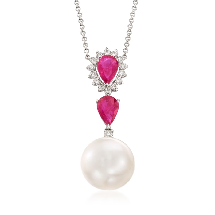 1.30 ct. t.w. Ruby, .30 ct. t.w. Diamond and 11-12 mm Cultured South Sea Pearl Drop Necklace in 18kt White Gold