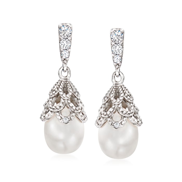 8mm Cultured Pearl and .15 ct. t.w. CZ Drop Earrings in Sterling Silver ...