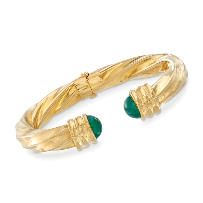 C. 1980 Vintage Green Chalcedony Cuff Bangle Bracelet in 18kt Yellow Gold