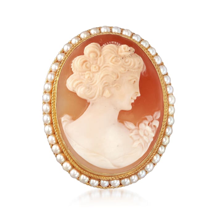 C. 1970 Vintage Oval Shell Cameo and 2.5mm Cultured Pearl Pin in 14kt Yellow Gold