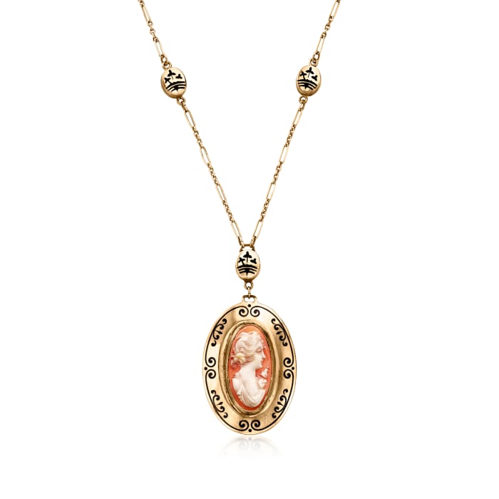 C. 1950 Vintage Orange Shell Cameo Necklace with Black Enamel in 10kt Yellow Gold