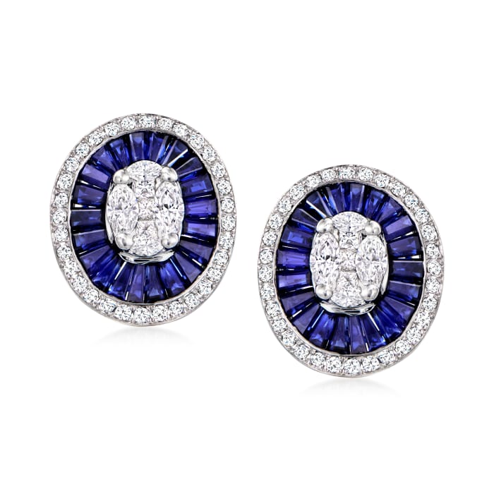 2.00 ct. t.w. Sapphire and .65 ct. t.w. Diamond Oval Cluster Earrings in 18kt White Gold