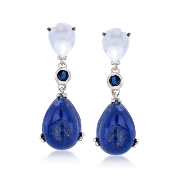 Lapis and White Chalcedony Drop Earrings with .20 ct. t.w. Sapphires in Sterling