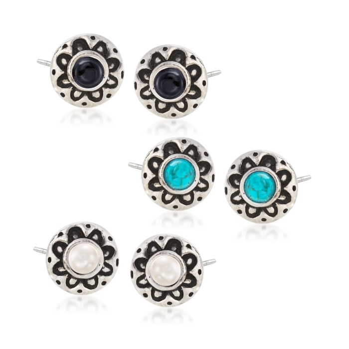 Multi-Stone Jewelry Set: Three Pairs of Floral Earrings in Sterling Silver