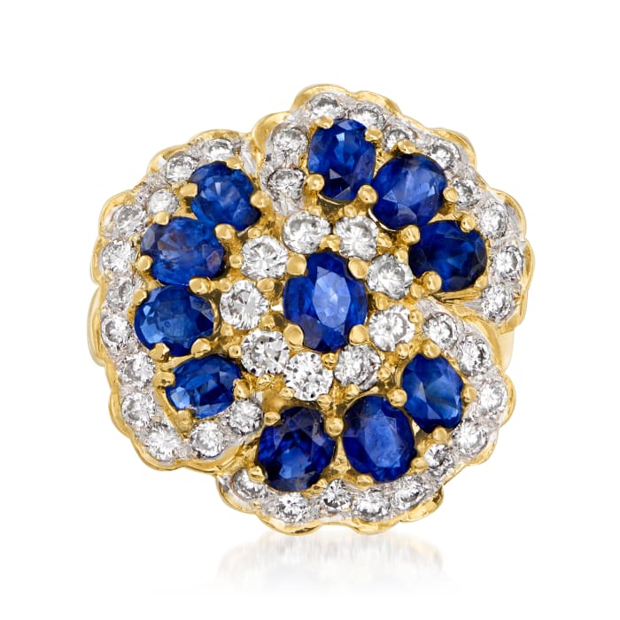 C. 1990 Vintage 3.19 ct. t.w. Sapphire and 1.27 ct. t.w. Diamond Floral Ring in 18kt Yellow Gold