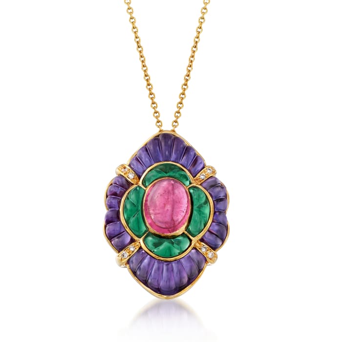 C. 1990 Vintage Multi-Gemstone Pendant Necklace with Diamond Accents in 14kt Yellow Gold