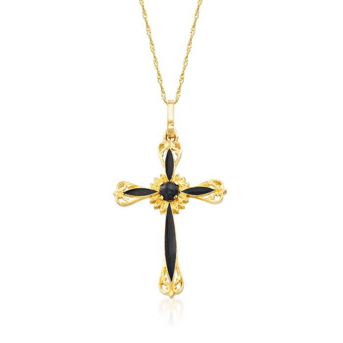 Italian Black Onyx and Black Enamel Cross Pendant Necklace in 14kt Yellow Gold