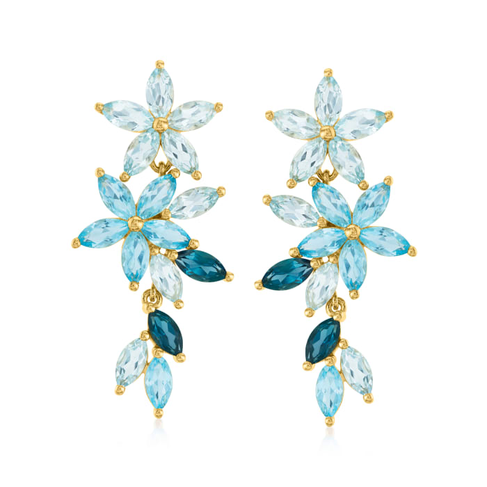 7.70 ct. t.w. Tonal Blue Topaz Floral Drop Earrings in 18kt Gold Over Sterling