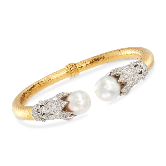 C. 1990 Vintage 13x11mm Cultured South Sea Pearl and 1.50 ct. t.w. Diamond Cuff Bracelet in 18kt Two-Tone Gold