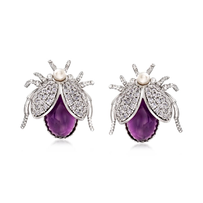 Italian Cultured Pearl and 6.00 ct. t.w. Amethyst Beetle Earrings with 1.50 ct. t.w. CZs in Sterling Silver