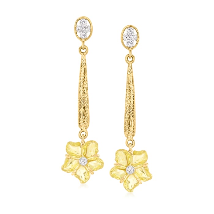 C. 2000 Vintage 5.80 ct. t.w. Lemon Quartz Flower Drop Earrings with .13 ct. t.w. Diamonds in 14kt Yellow Gold